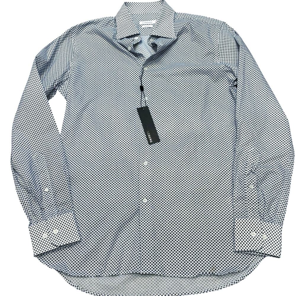 J.Lindeberg Slim Fit Long Sleeve Size 40 15 3/4 [M] White Blue Micro Medallion